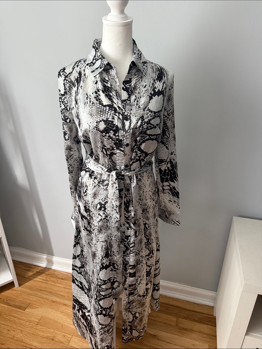 Monochrome Snake Print Shirt Dress with Waist Tie